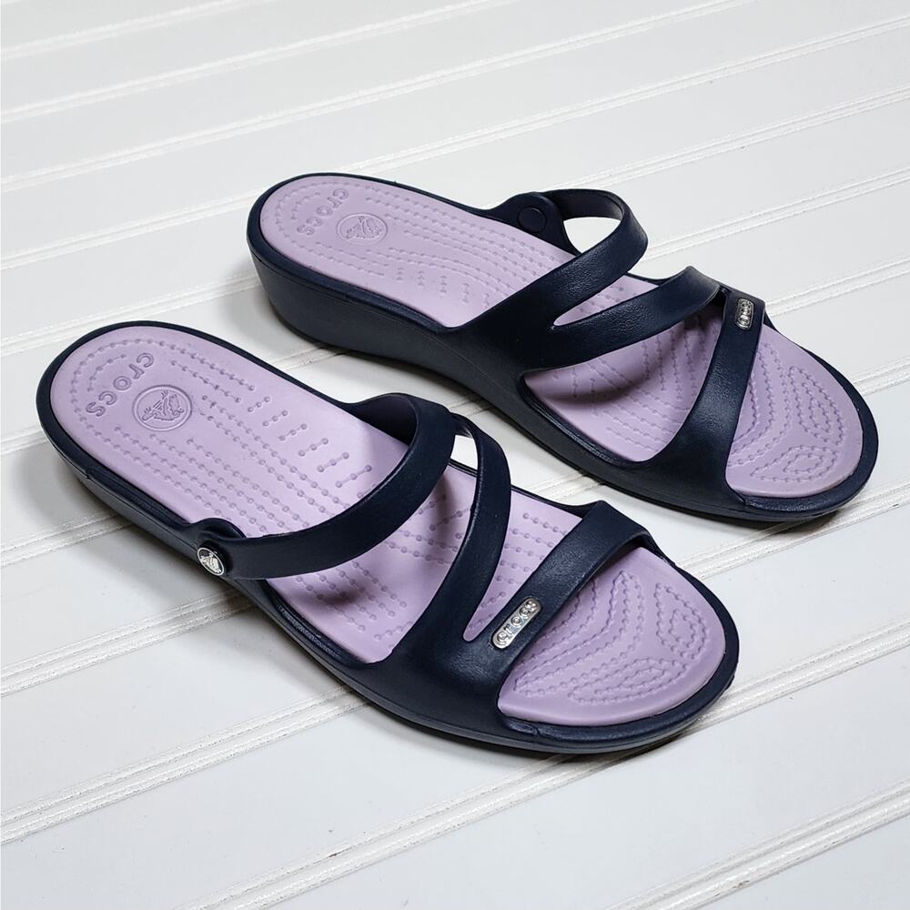 Crocs Patricia Women's Wedge Slide Sandals Size 7 Navy Purple